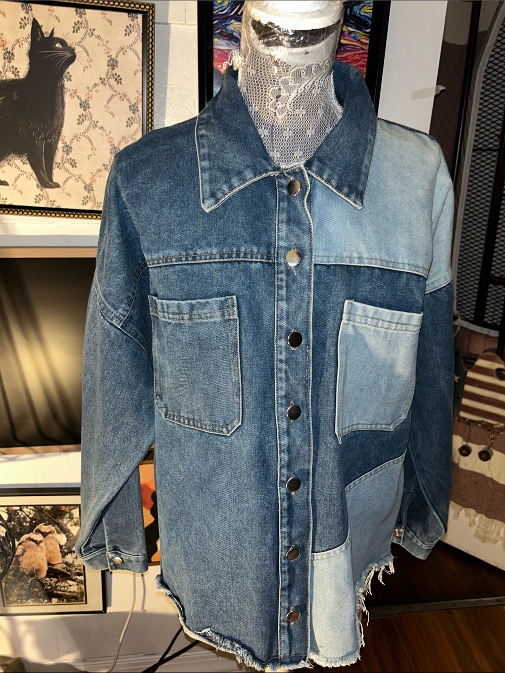 Patchwork Two-Tone Denim Jacket - Blue